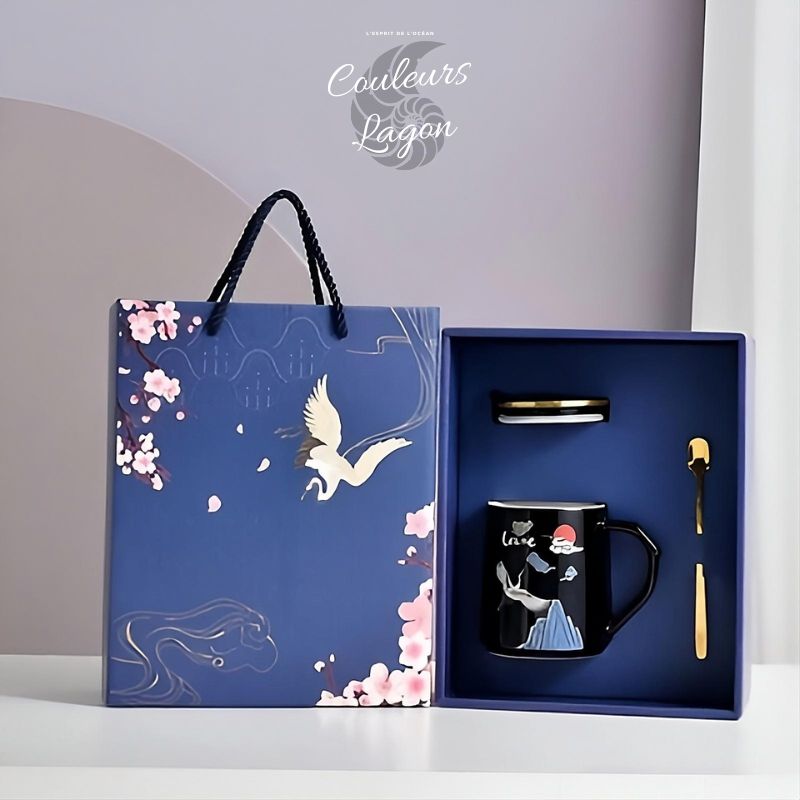 Couleurs Lagon - Service et Bols en Porcelaine Céramique Japonaise Bleu Floral Antique - set tasse noire boite noel bleu