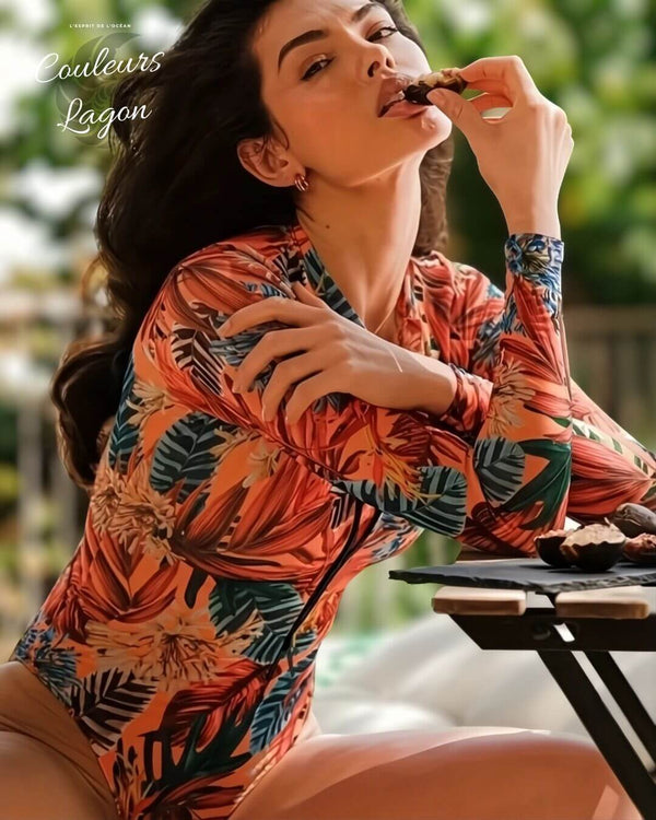 3/4 logo - Combi Surf Rashguard Manche Longue Floral POLYNESIE - Couleurs Lagon