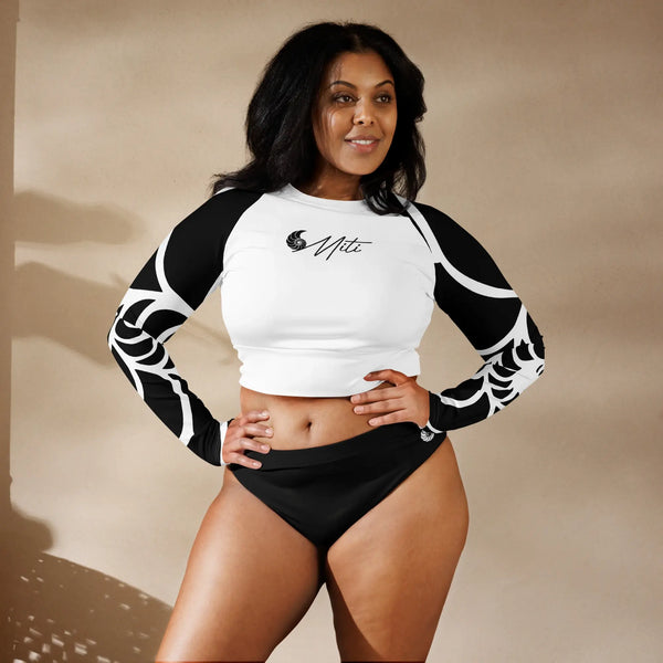 avant - Lycra MITI Crop Top Femme Caraco Recyclé UV50 Nautile Noir Ed Spe - Couleurs Lagon