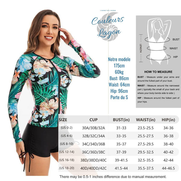 Couleurs Lagon - Veste et Boxer Shorty Push-Up Lycra Rashguard Manche Longue floral HIBISCUS - tailles
