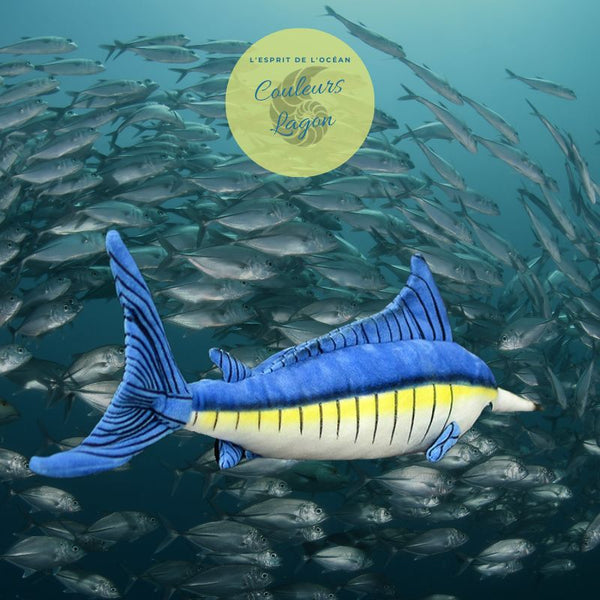 Couleurs Lagon - Jouet Peluche Réaliste Marlin Bleu 46cm 18in - présentation 3/4 arrière fond marin