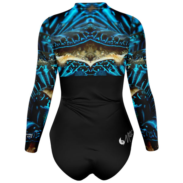 Combinaison surf femme caraco UPF50+ — visuel 3D dos — MITI Bénitier Bleu Océan Couleurs Lagon