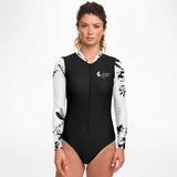 Rashguard femme MITI Hibiscus Noir & Blanc UPF50+ portée de face, mannequin 1 - Couleurs Lagon