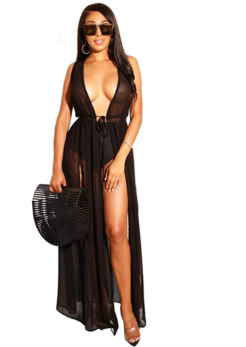 noir - Robe Tunique de plage longue avec cordon de serrage fendu - Couleurs Lagon