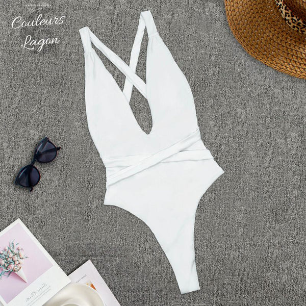 Couleurs Lagon - Sexy Monokini à Lacets Col V Taille Haute Tangua FLAMINGO - blanc avant