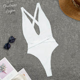 Couleurs Lagon - Sexy Monokini à Lacets Col V Taille Haute Tangua FLAMINGO - blanc avant