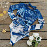a plat avant  - Combi Surf Manche Longue Push-Up Dos Nu Palmier BLEU TAHITI - Couleurs Lagon