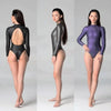or vert violet avant profil dos - Combinaison Bikini Neoprene 2mm UPF50+ Manches Longues Zip Avant Peau Lisse II - Couleurs Lagon