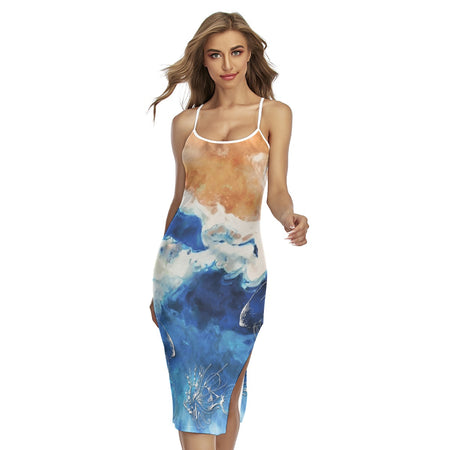 avant - Jupe fendue à bretelles croisées Océanic – COULEURS LAGON