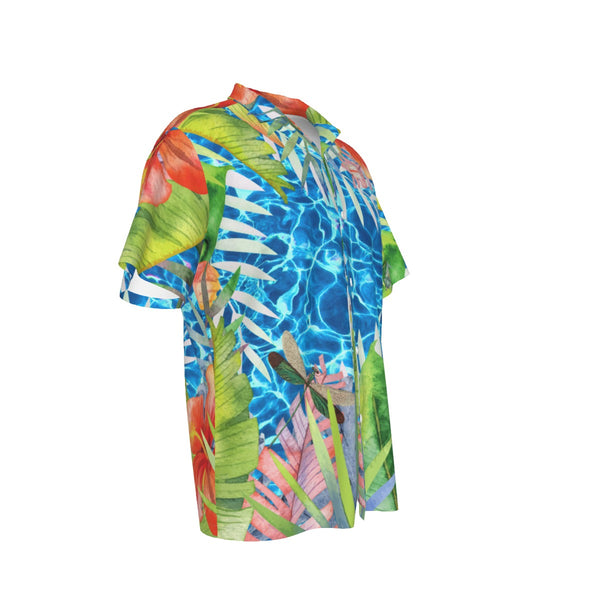 Chemise hawaïenne homme tropicale, vue de 3/4 droite sur fond blanc