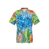 Chemise hawaïenne homme grande taille motif tropical bleu et corail, vue de face