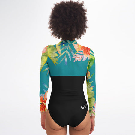dos - Combi surf manches longues MITI caraco Hibiscus Turquoise Couleurs Lagon