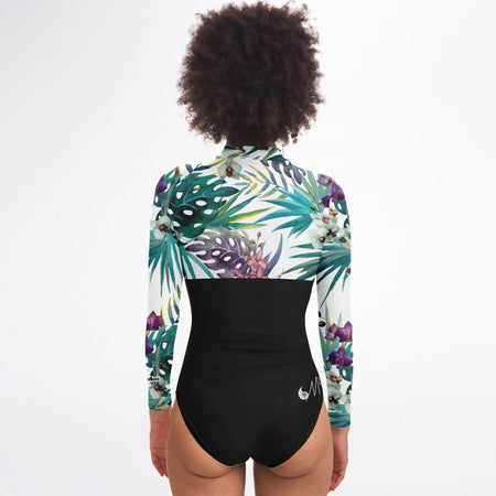 dos - Combi surf manches longues MITI caraco Blanc Hibiscus Couleurs Lagon