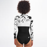 Rashguard femme MITI Hibiscus Noir & Blanc UPF50+ portée de dos, mannequin 2 - Couleurs Lagon