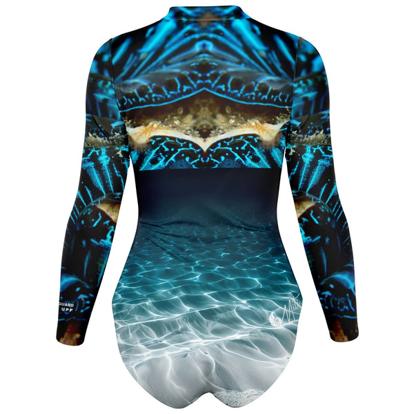 Combinaison surf femme MITI Bénitier Bleu II dos rashguard UPF50+ vue 3D — Couleurs Lagon