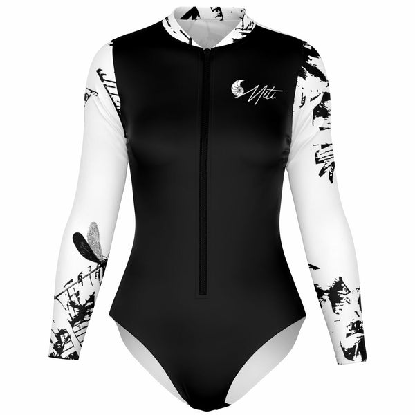 Combi surf manches longues MITI Hibiscus Noir & Blanc UPF50+ à plat, vue de face - Couleurs Lagon