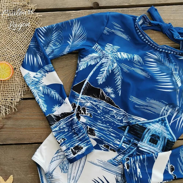 gros plan avant  - Combi Surf Manche Longue Push-Up Dos Nu Palmier BLEU TAHITI - Couleurs Lagon