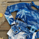 gros plan avant  - Combi Surf Manche Longue Push-Up Dos Nu Palmier BLEU TAHITI - Couleurs Lagon