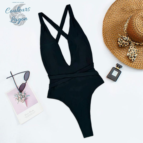 Couleurs Lagon - Sexy Monokini à Lacets Col V Taille Haute Tangua FLAMINGO - noir avant