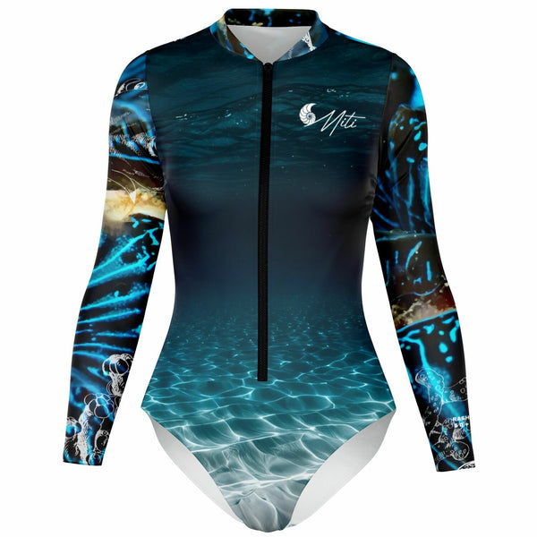 Combinaison surf femme MITI Bénitier Bleu Océan 2 — visuel 3D avant — UPF50+ Couleurs Lagon