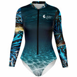Combinaison surf femme MITI Bénitier Bleu Océan 2 — visuel 3D avant — UPF50+ Couleurs Lagon