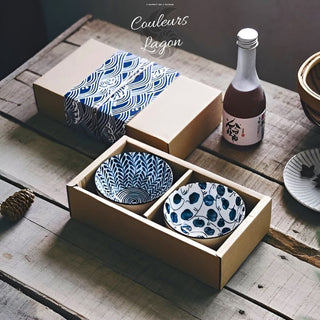 Couleurs Lagon - Service et Bols en Porcelaine Céramique Japonaise Bleu Floral Antique - 2 bols