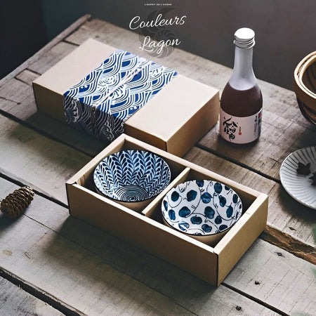 Couleurs Lagon - Service et Bols en Porcelaine Céramique Japonaise Bleu Floral Antique - 2 bols