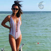 Monokini Push-Up Col V Sexy Dos Nu Rayure PARIS - Couleurs Lagon - gros plan 3/4 droite