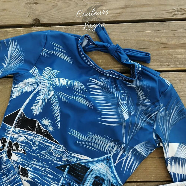 plan serre avant - Combi Surf Manche Longue Push-Up Dos Nu Palmier BLEU TAHITI - Couleurs Lagon