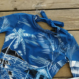 plan serre avant - Combi Surf Manche Longue Push-Up Dos Nu Palmier BLEU TAHITI - Couleurs Lagon