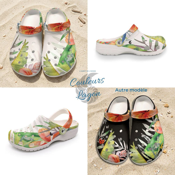 Sabots Crocs Homme Blanc Floral Hibiscus | Chaussures Plage EVA Légères | Couleurs Lagon — vue d'ensemble