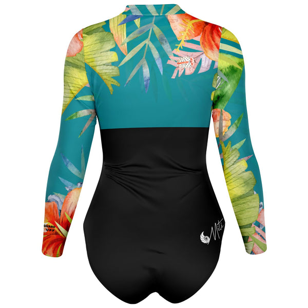 dos 3d - Combi surf manches longues MITI caraco Hibiscus Turquoise Couleurs Lagon