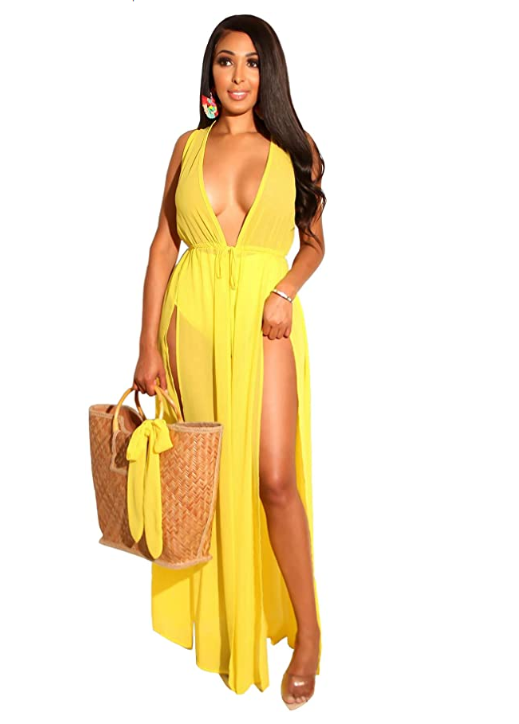 jaune - Robe Tunique de plage longue avec cordon de serrage fendu - Couleurs Lagon