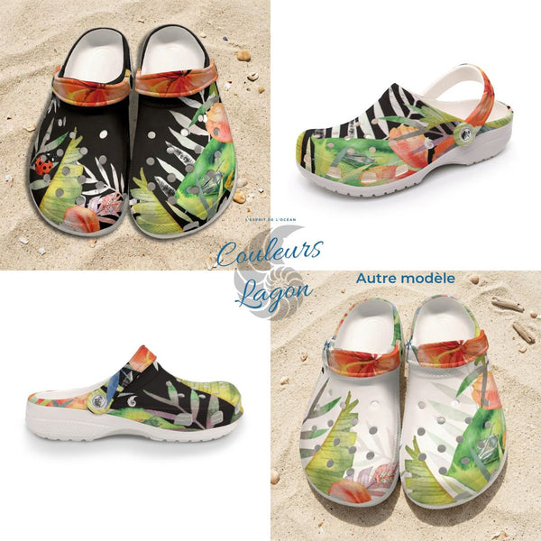 Sabots Crocs Homme Noir Floral Hibiscus 2 | Chaussures Plage EVA Légères | Couleurs Lagon — vue d'ensemble