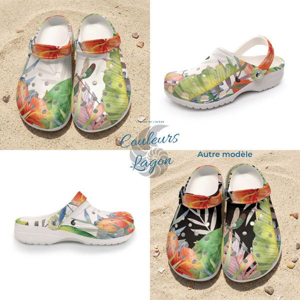 Sabots Crocs Homme Blanc Floral Hibiscus 2 | Chaussures Plage EVA Légères | Couleurs Lagon — chaussure gauche
