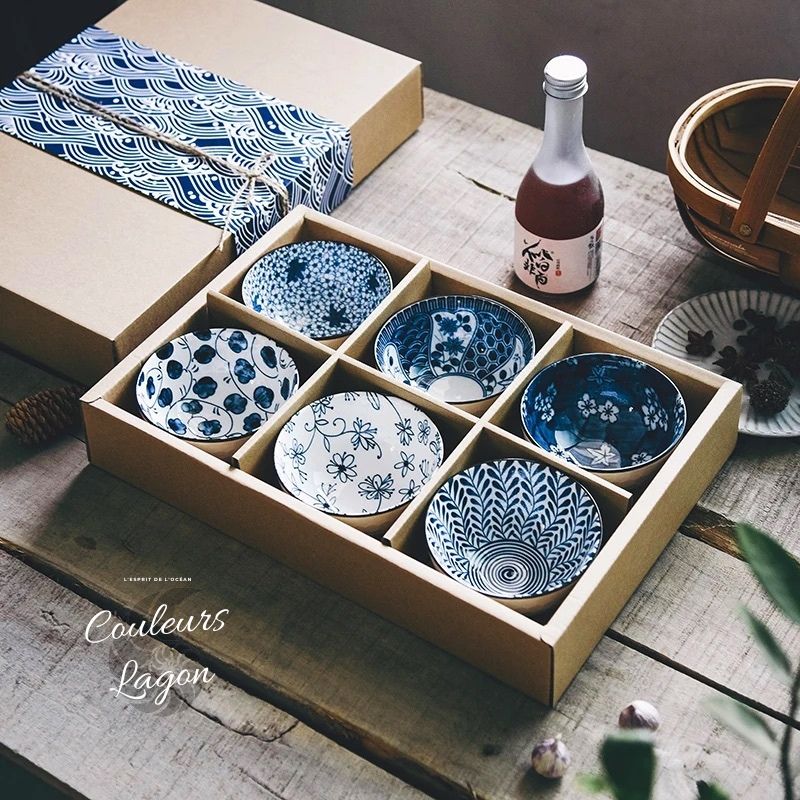 Couleurs Lagon - Service et Bols en Porcelaine Céramique Japonaise Bleu Floral Antique - 6 bols