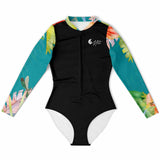 avant a plat - Combi surf manches longues MITI caraco Hibiscus Turquoise Couleurs Lagon