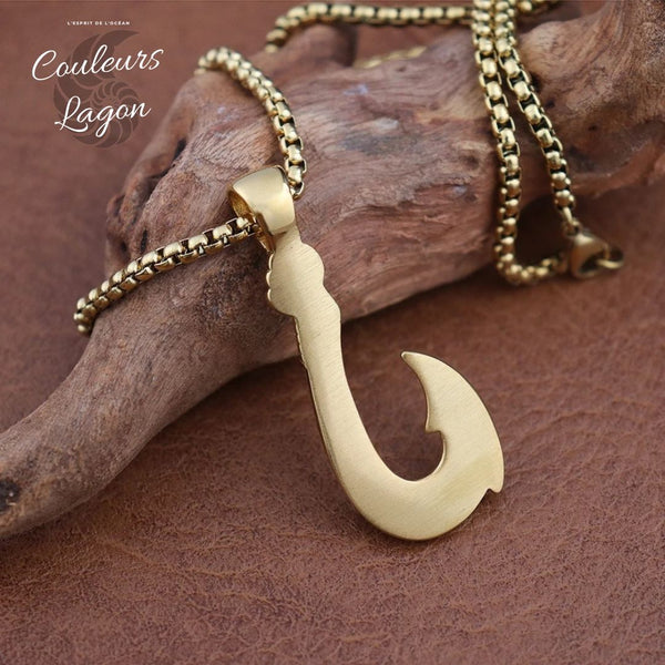 vue arrière metal plein doré sur bois - Pendentif Vintage Acier Inoxydable au Titane Hameçon Viking Ocean - Couleurs Lagon