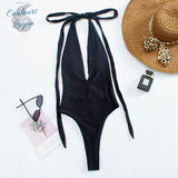 Couleurs Lagon - Sexy Monokini à Lacets Col V Taille Haute Tangua FLAMINGO - noir avant