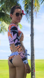 Miti dos - FIDJI Leopard – Bikini CropTop Rashguard 2 pièces manches longues - Couleurs Lagon