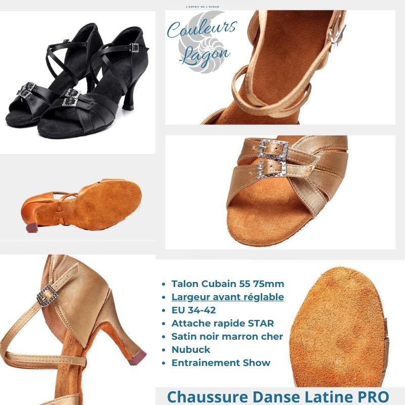 Présentation - Chaussure de danse latine professionnelle boucle avant réglable - Couleurs Lagon