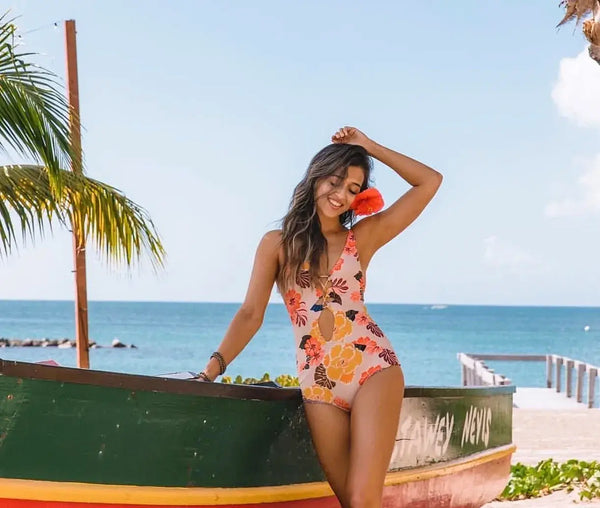 avant & barque hibiscus - Monokini Push-Up V Plongeant Dos Nu Criss-Cross Floral Orange - Couleurs Lagon