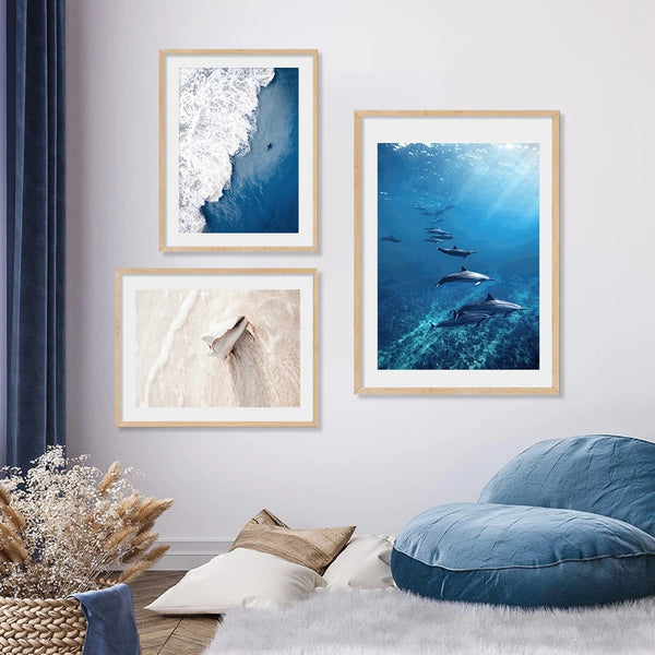 Toile impression d'art bleu océan blanc beige apnée dauphin requin 2