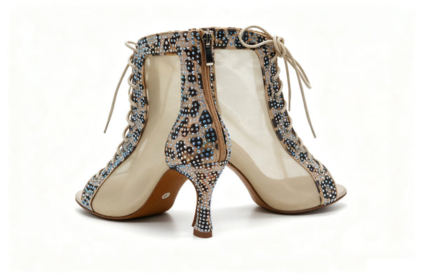 Bottine danse latine suède léopard — détail tige et talon stiletto | Couleurs Lagon