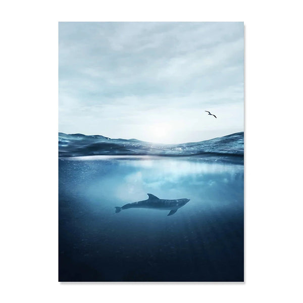 Toile impression d'art bleu océan blanc beige apnée dauphin requin 2