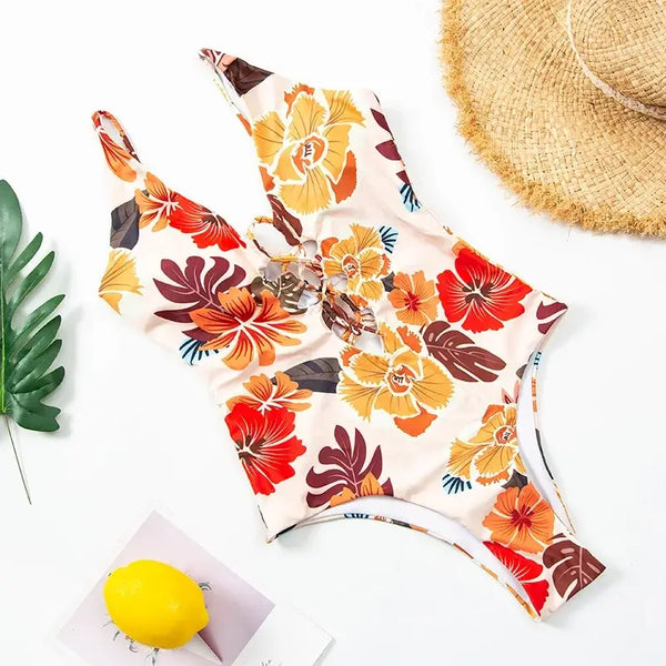 avant à plat - Monokini Push-Up V Plongeant Dos Nu Criss-Cross Floral Orange - Couleurs Lagon