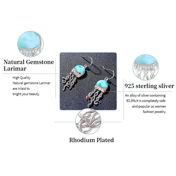 caractéristiques - Boucle d'Oreille Méduse Argent Massif & Larimar Naturelle - Couleurs Lagon