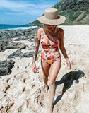 avant et chapeau paille - Monokini Push-Up V Plongeant Dos Nu Criss-Cross Floral Orange - Couleurs Lagon