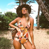 avant cocotier - Monokini Push-Up V Plongeant Dos Nu Criss-Cross Floral Orange - Couleurs Lagon