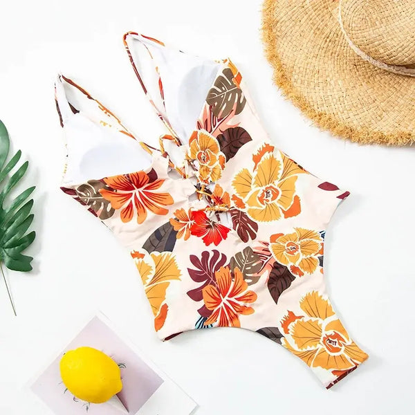 dos à plat - Monokini Push-Up V Plongeant Dos Nu Criss-Cross Floral Orange - Couleurs Lagon